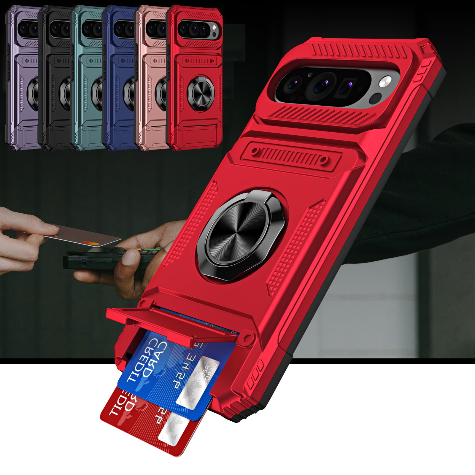 ShieldPlus for Google Pixel 9 Phone Case with Finger Ring Holder Kickstand, Heavy Duty Shockproof Rugged Protective Case for Pixel 9 Pro 6.3 Inch, Working with Magnetic Car Phone Mount,Red