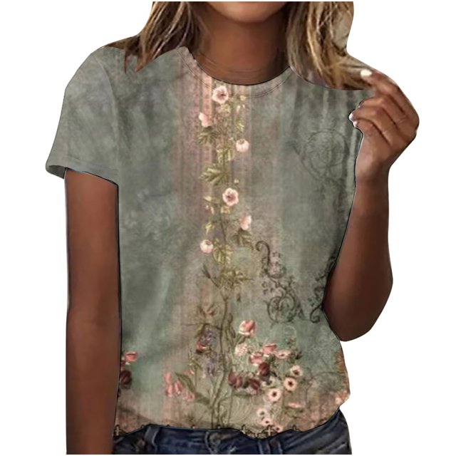 Birdeem Womens Casual Retro Printed Round Neck Short Sleeved Top