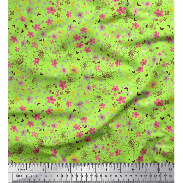 Soimoi Poly Georgette Fabric Leaves,Butterfly & Flower Floral Print Fabric by Yard 52 Inch Wide