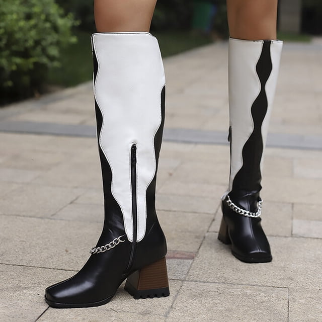 EGNMCR Knee High Boots Oversized Women's Fall/Winter Velvet Lining Color Matching Rectangle Toe Thick High Heels Long Chain Boots