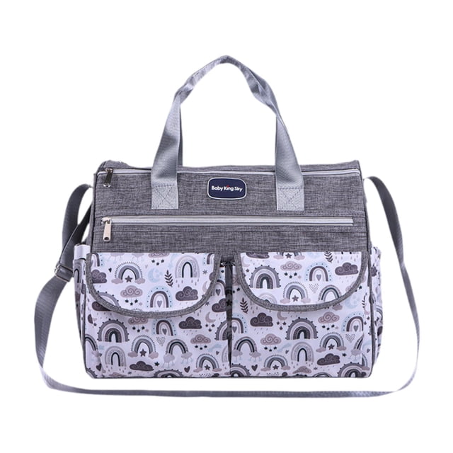 Lipstore Diaper Bag Tote in gray with a stylish printed design featuring rainbows and clouds. Made from durable Oxford cloth, this large-capacity bag includes inner zipper pockets and multiple compartments for organizing baby essentials like diapers, wipes, and bottles. It features dual carrying options with handles and an adjustable shoulder strap, making it suitable for short trips, work, or weekend getaways.