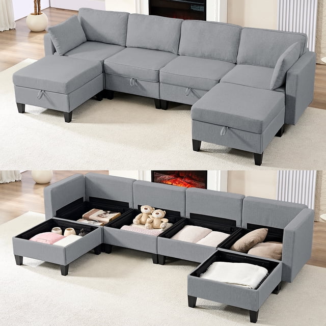 Puremind Canapé Sectionnel Modulaire avec Rangement, Canapé Sectionnel en Forme de U/L avec Ottoman Mobile, Canapé-Lit Convertible pour Salon/appartement, Gris Pâle