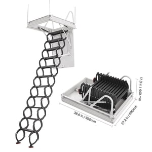 KFFKFF Attic Échelle, 660LBS/299.4KG Capacité, Convient 8.5 à 9.4 ft Hauteur du plafond et 39.4 x 27.5 inch Taille d'ouverture, Acier allié Tir-Down Retractable Plafond Stair