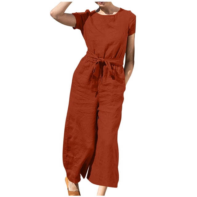 Yuyuzo Women Cotton Linen Jumpsuits Summer One-Piece Outfits Short Sleeve Wide Leg Long Pants Rompers