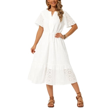 INSPIRE CHIC Women's Lace Eyelet Dresses Summer Notched Neck Short Sleeve A Line Flowy Beach Midi Dress M White
