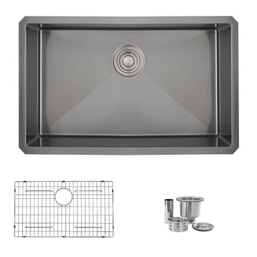 Évier de Cuisine Élégant sous Plan 30 Pouces Noir Graphite à Bol Unique avec Grille et Passoire S-711XN