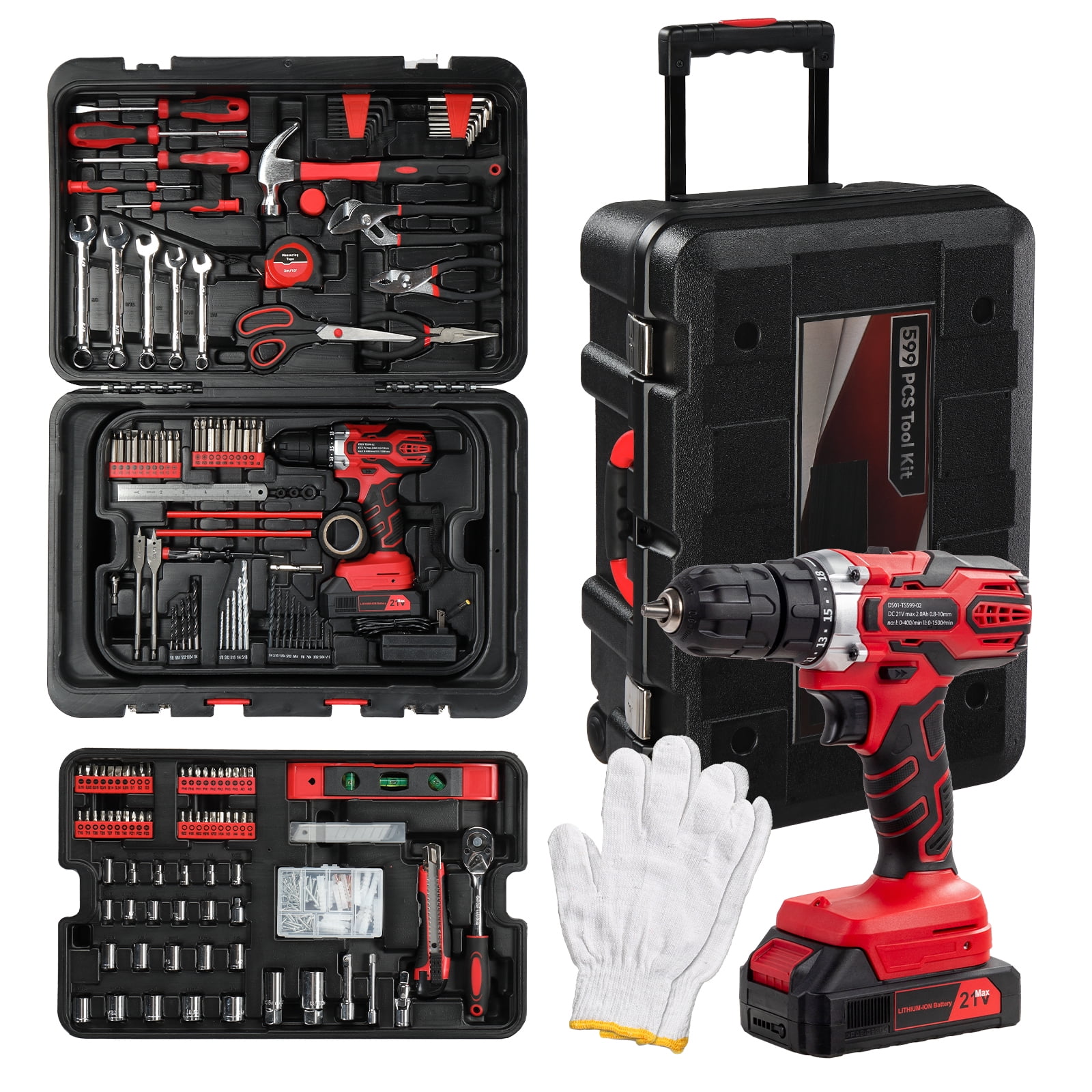 Ktaxon 599pcs Portable Tool Set With Rolling Tool Box, Home Auto Repair Tool Kit Mechanic Tool Set with 21V Max Cordless Power Drill