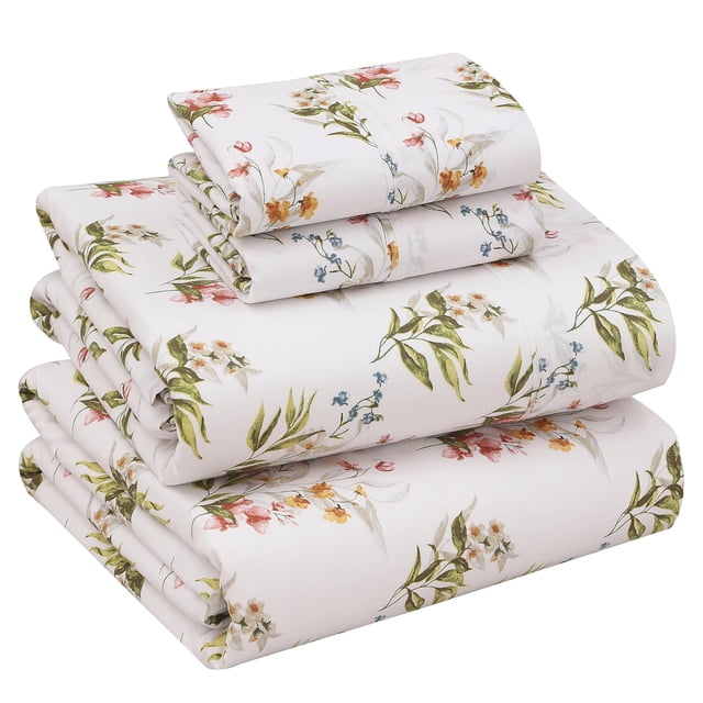 RUVANTI Draps 100 % Coton, Tissage Percale, Parure Complète, Motif Floral