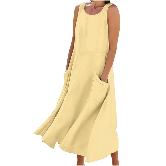 AherBiu Robe Maxi pour Femmes 2024 Été Décontractée Robe d'Été en Lin Sans Manches Ample Robe Débardeur avec Poches