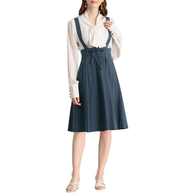 Unique Bargains Jupe Midi Plissée à Bretelles Rétro à Taille Élastique pour Femme, Bleu Foncé, S