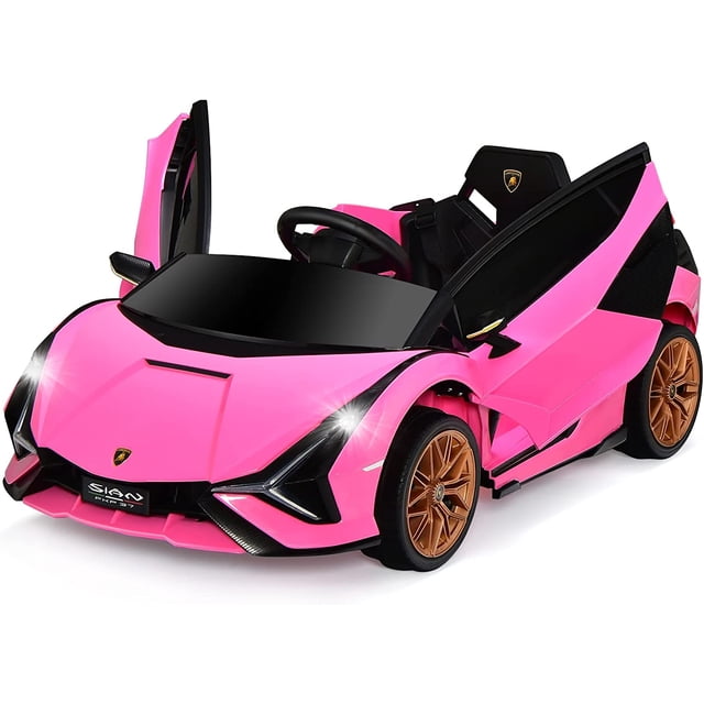 OLAKIDS 12V Licensed Lamborghini Sian Kids Ride On Car in a vibrant pink finish with gold wheels, featuring realistic LED headlights, Lambo-style upward-opening doors, and a sleek carbon fiber texture. This electric toy roadster includes two driving modes: parent remote control and child-operated mode, ensuring safety with slow start technology and spring suspension. The built-in MP3 player supports music and storytelling, making it ideal for toddlers aged 37-95 months. Dimensions are 42.5 x 24.5 x 16 inches, with a load capacity of 55 lbs.