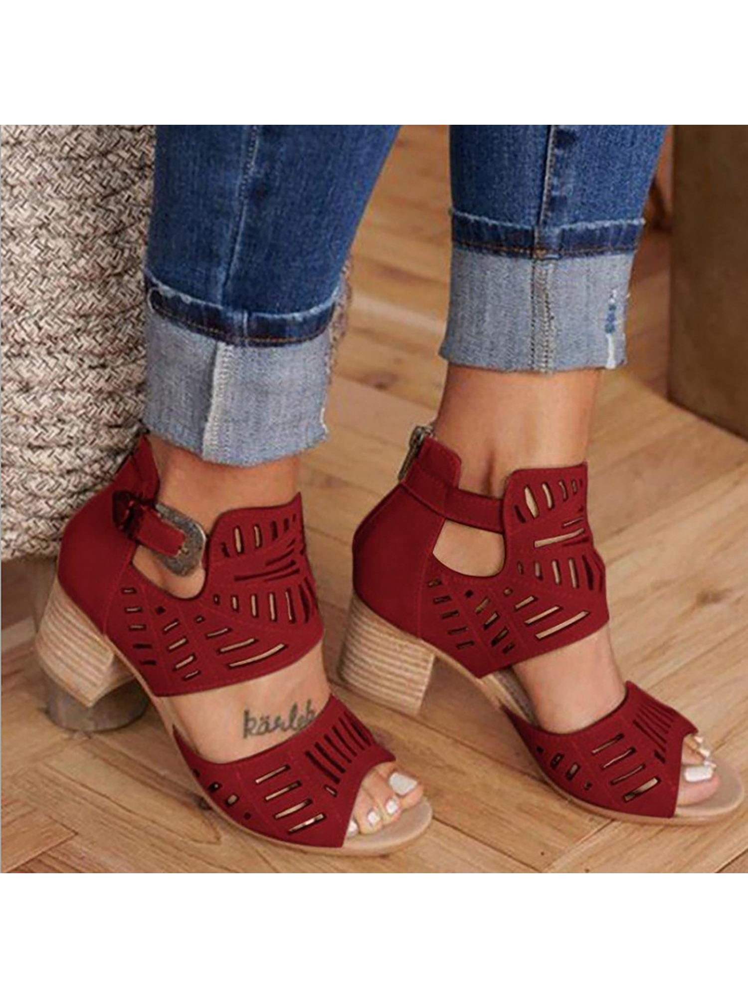 LUXUR Sandales Habillées à Talon Bloc Bas pour Femmes, Mode, à Boucle, Rouges, 8