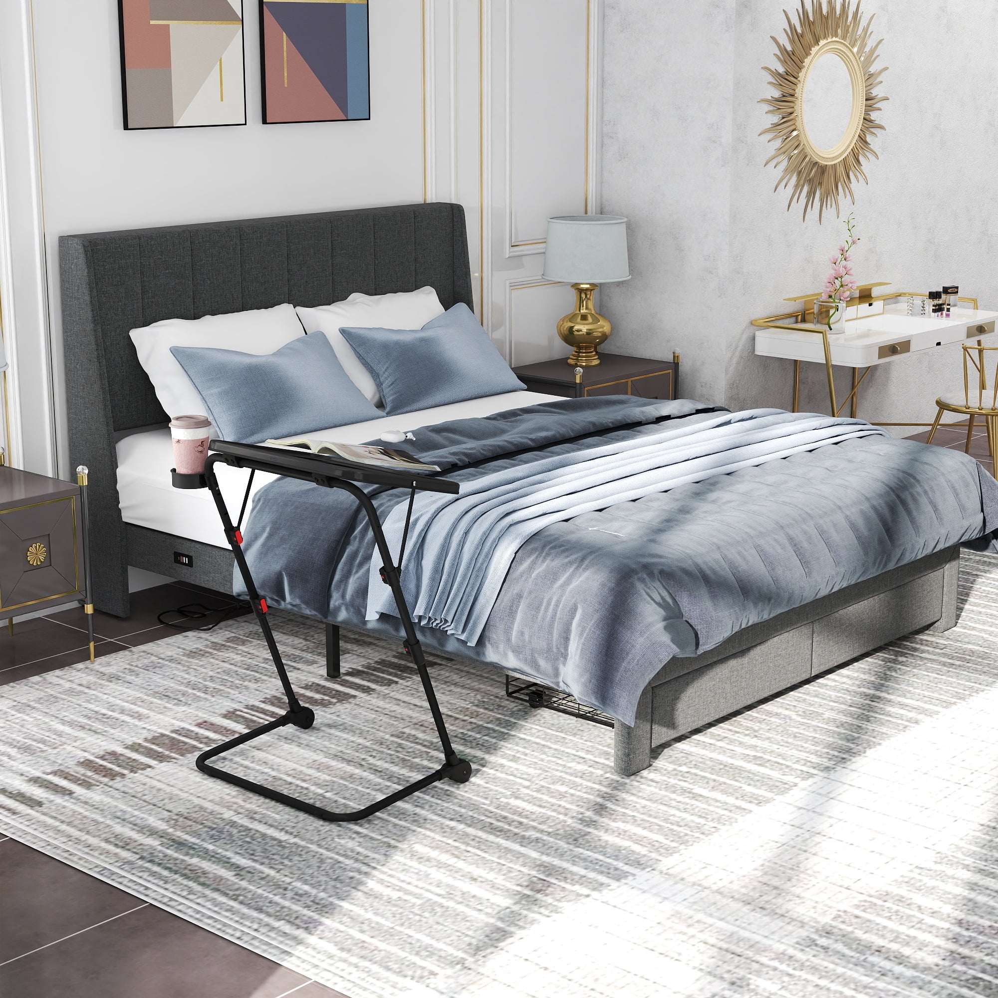 Homy Casa Upholstered Queen Bed Frame with Portable Bedside Tray Table