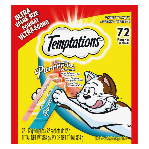 Gâteries pour chats TEMPTATIONS PURRRR-ÉE CRÉMEUSE avec poulet, avec saumon et avec thon, boîte de 864 g contenant 72 sachets de 12 g