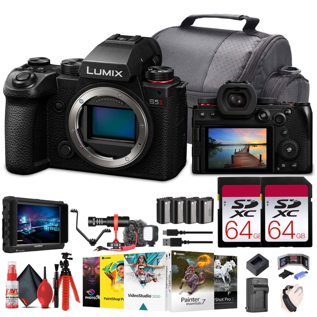 Panasonic Lumix S5 II Mirrorless Camera (DC-S5M2BODY) + 4K Monitor + 2 x 64GB Memory Card + Corel Photo Software + 3 x DMW-BLK22 Battery + Triple Shoe Bracket + Charger + LED Light + More