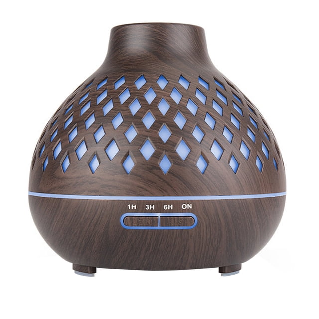 Oil for Diffuser Essential Oils Oil Diffuser Essential Oils Aroma Diffusers for Essential Oils Aroma Diffuser Auto Shut Off, 400ml Essential Oil Diffuser with Diamond-Shaped Design. This diffuser features a 400ml tank capacity with a dark wood grain finish and a diamond-shaped pattern illuminated by blue light. It includes 4 timer settings (1 hour, 3 hours, 6 hours, and continuous) and an auto shut-off function for safety when water runs low. The compact design is whisper-quiet, making it ideal for aromatherapy and relaxation.
