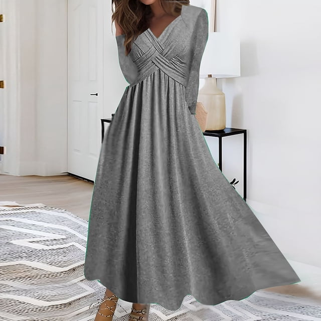 Pisexur Robe à Manches Longues à Col en V pour Femme Automne Hiver Décontractée Ample Couleur Unie Robe Longue à Manches Longues à Col en V Robe pour Femme