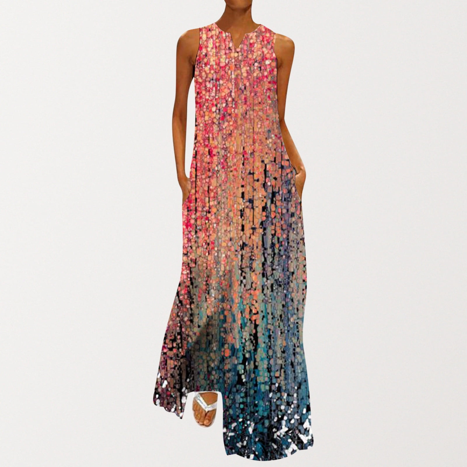 Robes Décontractées pour Femmes 2023 Mode Tendance pour Femmes Col en V Sans Manches Été Soirée Fête Imprimé Dames Poche Gilet Longue Robe Robe Western en Liquidation