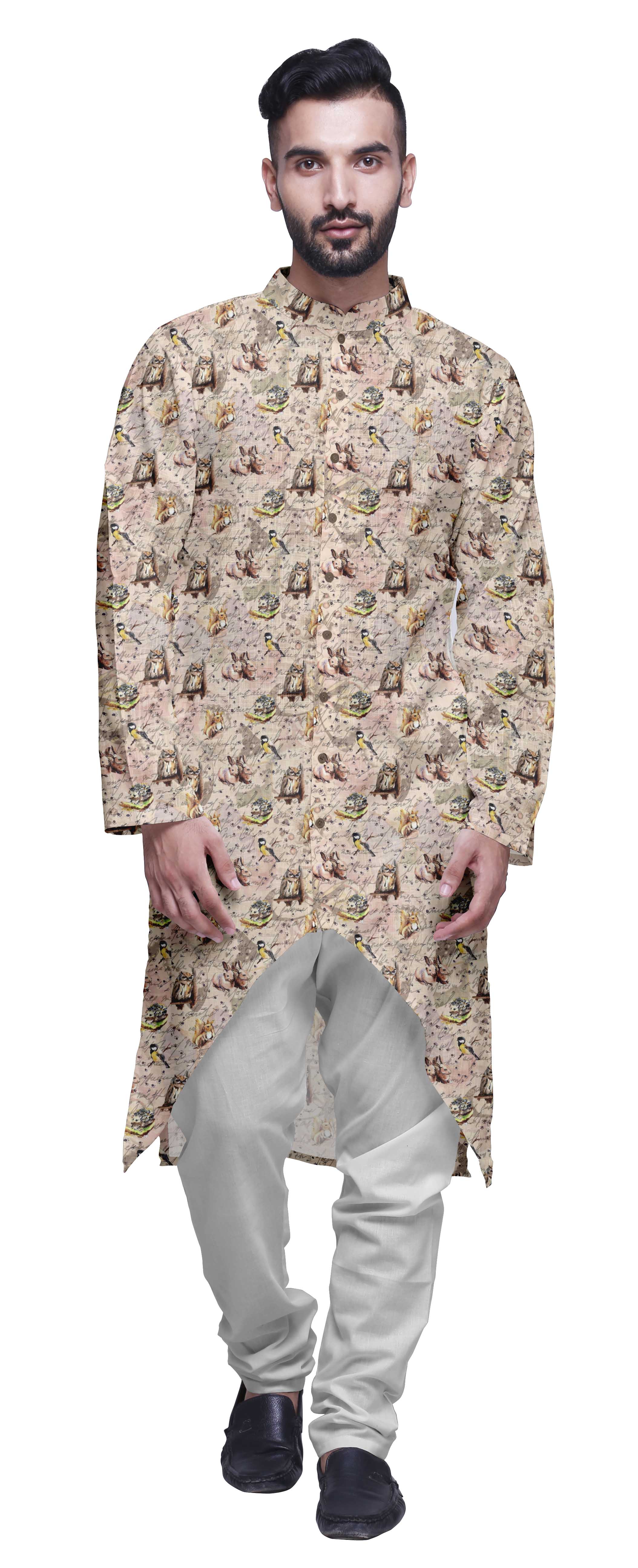 Atasi Printed Long Sleeve Kurta For Men Button Down Cotton Slub Ethnic Shirt