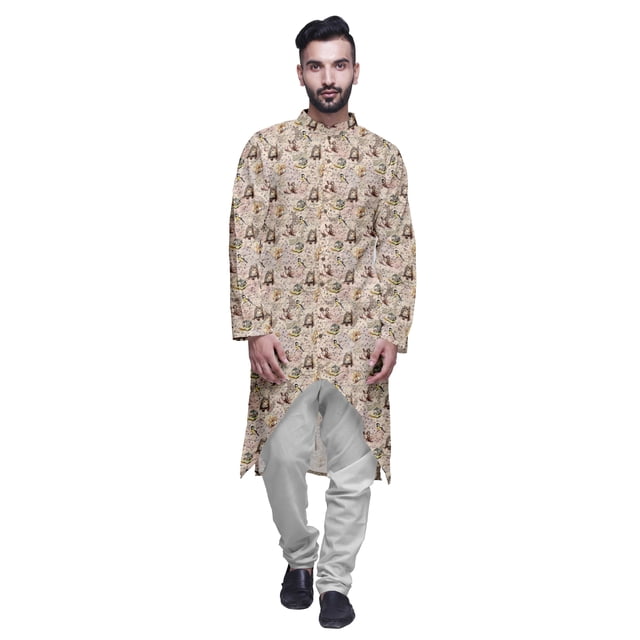 Atasi Kurta à Manches Longues Imprimé, Boutonné, Asymétrique, Kurta de Designer pour Garçons