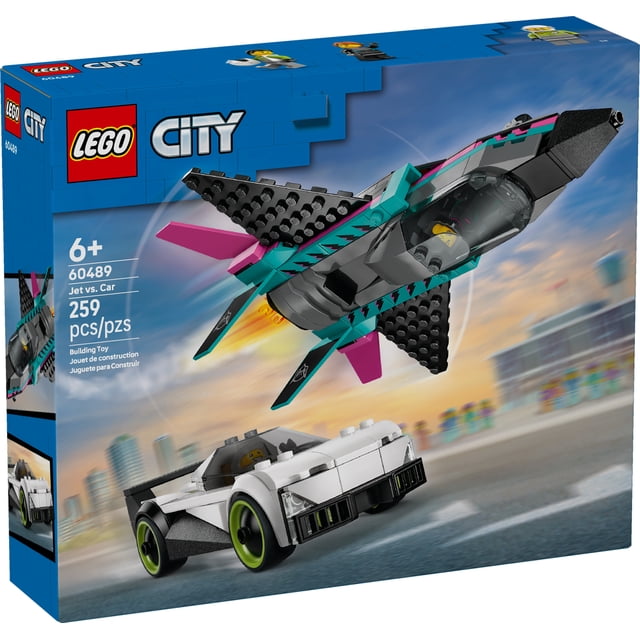 LEGO City Jet vs. Car Building Toys for Kids featuring a multicolour supersonic jet with black swept-back wings, teal and pink accents, and a transparent cockpit with pilot minifigure, alongside a white supercar with black and green wheels and driver minifigure, set against a blurred cityscape, includes 259 pieces for ages 6 and up.