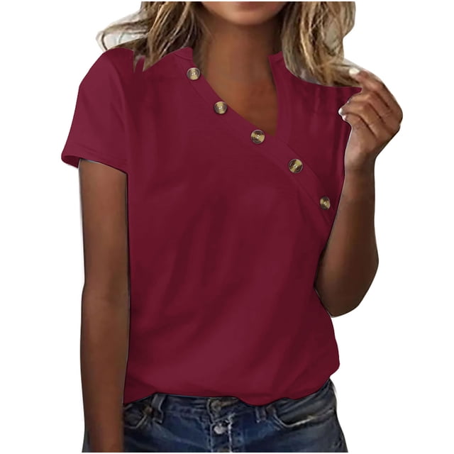 Jsaierl Womens Summer Basic V Neck Tops Trendy Vacation Short Sleeve Blouses Relaxed Fit Solid Color T-Shirts