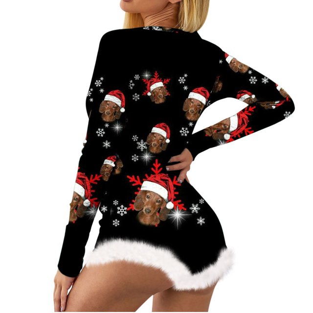 Justaucorps Aguichant à Manches Longues pour Femmes, Imprimé de Noël Non Positionné, Col en V, Détail Plume, Lingerie Aguichant, Pyjamas