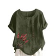 thumbnail image 1 of Pisexur Hauts pour Femmes Décontractés en Lin Col Rond Grande Taille Imprimé Manches Courtes T-shirt Blouse, Hauts d'Été pour Femmes Vert Armée, P, 1 of 3