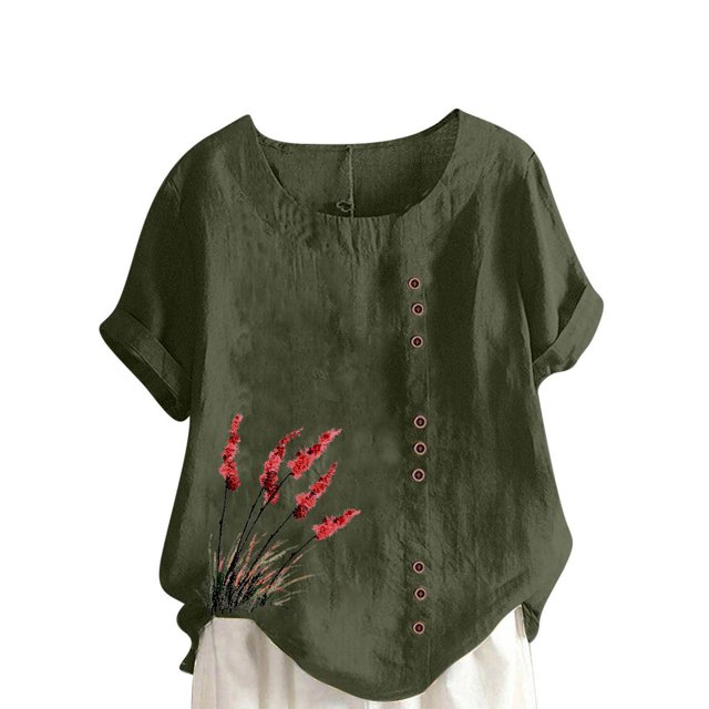 Pisexur Hauts pour Femmes Décontractés en Lin Col Rond Grande Taille Imprimé Manches Courtes T-shirt Blouse, Hauts d'Été pour Femmes Vert Armée, P
