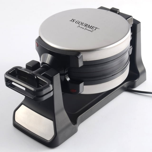 JS Gourmet JS GOURMET Stainless Steel Double Belgian Waffle Maker creates two Belgian waffles at once; features 180° rotation, non-stick 8"/22 cm waffle plates, removable round drip tray for easy cleaning, non-slip base and red preheat indicator light.