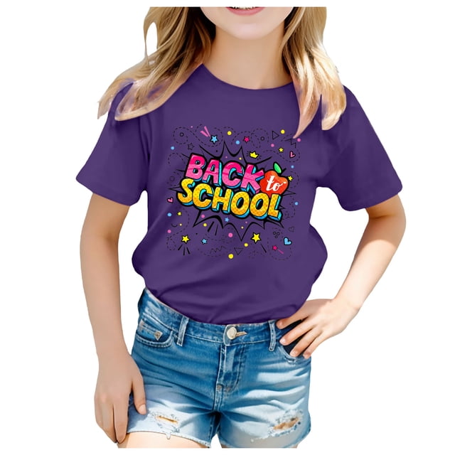 LUOGENLI T-Shirt pour Filles Enfants École Rentrée des Classes Imprimé Décontracté Manches Courtes Haut T-Shirt Maxi Hauts Ensembles Filles Tenue 2 Pcs Plage Violet 8-9 Ans
