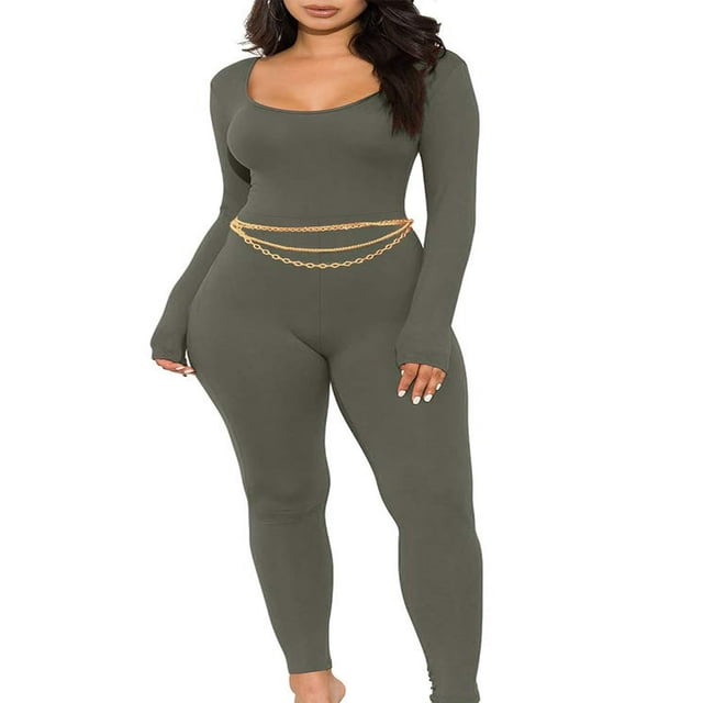 Combinaison Longue pour Femmes, Couleur Unie, Manches Longues, Col en U, Justaucorps Ajusté