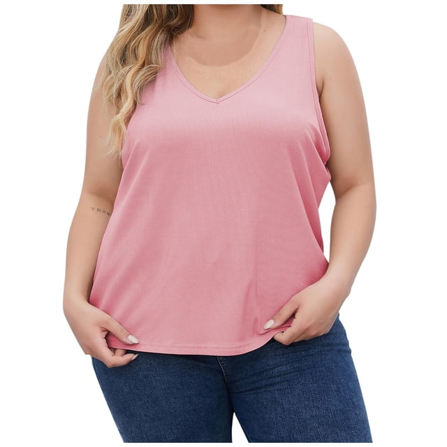 Timegard Womens Plus Size Tank Tops Ribbed V-Neck Comfy Casual Loose Shirt Top Basic Tee Blouse Undershirts