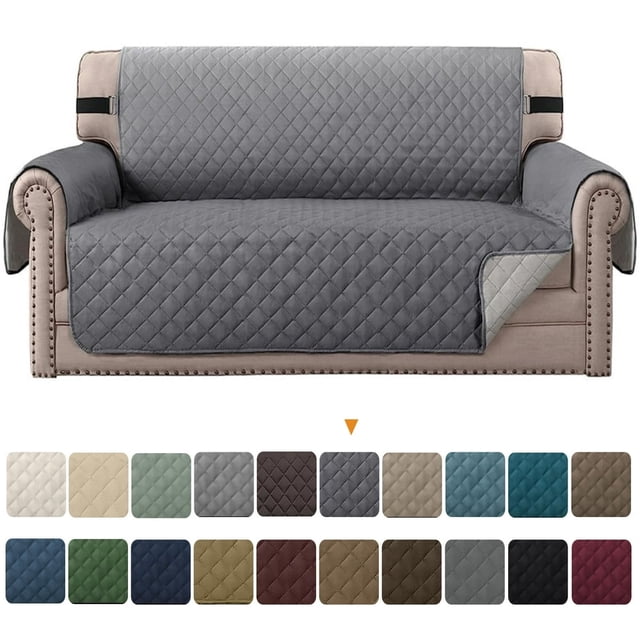 JUNWELL 100% waterproof sofa cover in grey, designed for oversized sofas. The quilted slipcover features a reversible design with elastic straps for a secure fit. Made from three layers of thickened fabric, it protects furniture from spills, scratches, and pet fur. Includes a display of 14 available colors.
