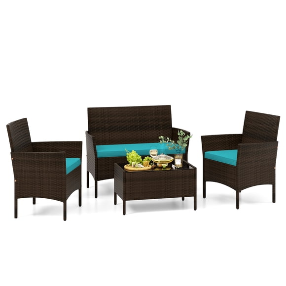 Patiojoy Ensemble de Conversation en Rotin pour Patio 4 Pcs Ensemble de Meubles d'Extérieur en Osier avec Chaise, Causeuse et Table en Verre Trempé Turquoise