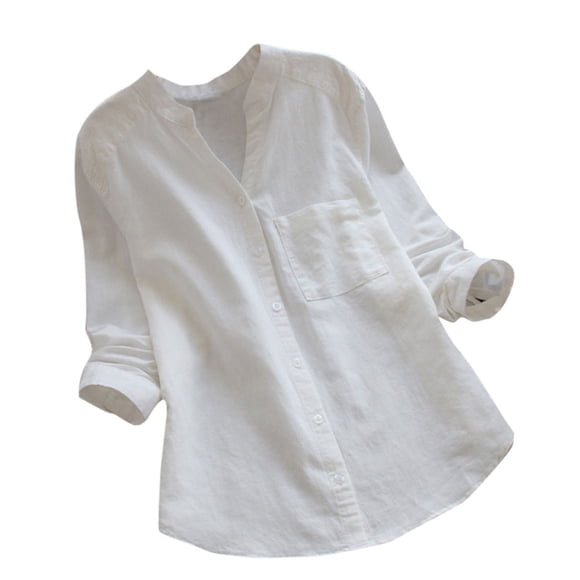 cfhntfmh Buttons down Shirts for Women Cotton Soft V Neck Basic T-Shirts Loose Long Sleeve Plain Summer Tops with Pockets