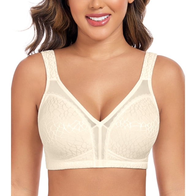 Curyon Women's Minimizer Bra Comfort Non Padded Wireless Full Figure Plus Size Bras, 48C. This bra features lightweight, soft, and breathable fabric with a wire-free, non-padded design for full coverage and a minimized effect. It includes 3mm wide adjustable cushioned straps to relieve shoulder pressure and a U-back design for added comfort. The high wing and back band smooth side and back fat, reducing bulge for a slim look. Ideal for plus-size women seeking support and comfort.