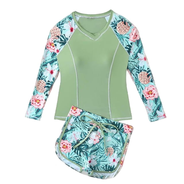 MIASHUI Girls Bathing Suits Long Sleeves Rash Guard Athletic Swim Shorts Sets Swimsuit,Green,15-16 Years