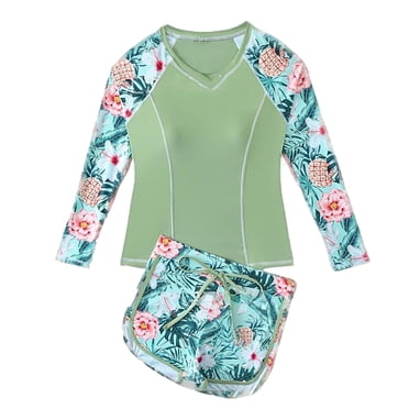 PMVFHDE Girls UPF 50+ Two-Piece Swim Set | Long Sleeve Rash Guard with Print Shorts | Slim-Fit Swimwear for Swim Training & Daily Use Athletic Swim Green,14-15 years