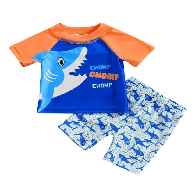 EIMELI Boys Swimsuits Short Sleeve Shark Print Rash Guard Shorts Set Swimwear