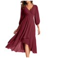 thumbnail image 2 of Robes Grande Taille en Chiffon Col en V Manches Longues Plissées Robe Maxi Mi-Longue Vin S, 2 of 5