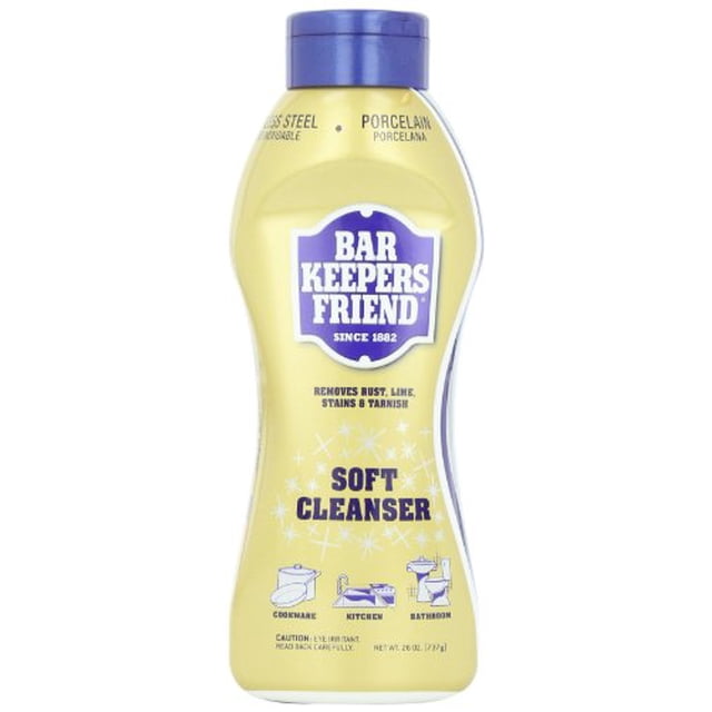 Bar Keepers Friend 11626 Nettoyant Antibactérien pour Salle de Bain et Cuisine, Bouteille de 26 oz sous Forme Liquide Blanche avec Parfum d'Agrumes. la Bouteille Jaune avec Marque Bleue Est Conçue pour Enlever la Rouille, la Chaux, les Taches et le Ternissement des Batteries de Cuisine, des surfaces de Cuisine et des Salles de Bain. Ce Nettoyant Multi-Surfaces Offre une Formule Qui Ne Décolore Pas pour un Nettoyage Sans Égratignures et Convient Souvent au Nettoyage des Meubles d'Extérieur Ou des Grils.