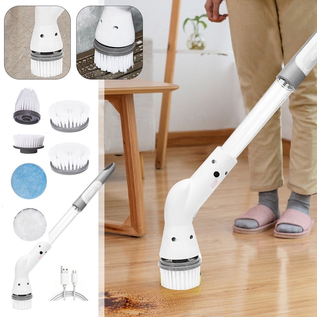 LSLJS Brosses Électriques Rotatives en Blanc, une Brosse de Nettoyage Sans Fil avec six Têtes Remplaçables et une Poignée Télescopique Réglable. Conçue pour Nettoyer les Carreaux de Salle de Bain, les Planchers, le Coulis et Autres surfaces. l'Image Montre la Brosse à Récurer Utilisée sur un Plancher de Bois, avec des Vues Gros Plan des Têtes de Brosse et un Câble de Chargement USB.