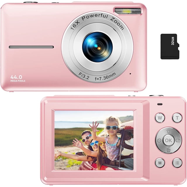 Zostuic Digital Camera, 1080P 44MP Vlogging Camera in pink with 16X digital zoom and a 3-inch IPS screen. The front view shows the lens labeled '16X Powerful Zoom' and '44.0 Mega Pixels,' while the back view displays the screen with a photo of children outdoors. Includes a 32GB micro SD card.