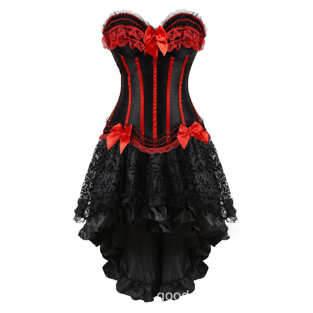 DPTALR Women's Lace Bow Tie Color Retro Medieval Ball Patchwork Puffy Skirt Set