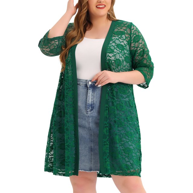 Agnes Orinda Women's Plus Size Cardigans Lace Lightweight Knit 3/4 Sleeves Cover Up Cardigans 1X Green