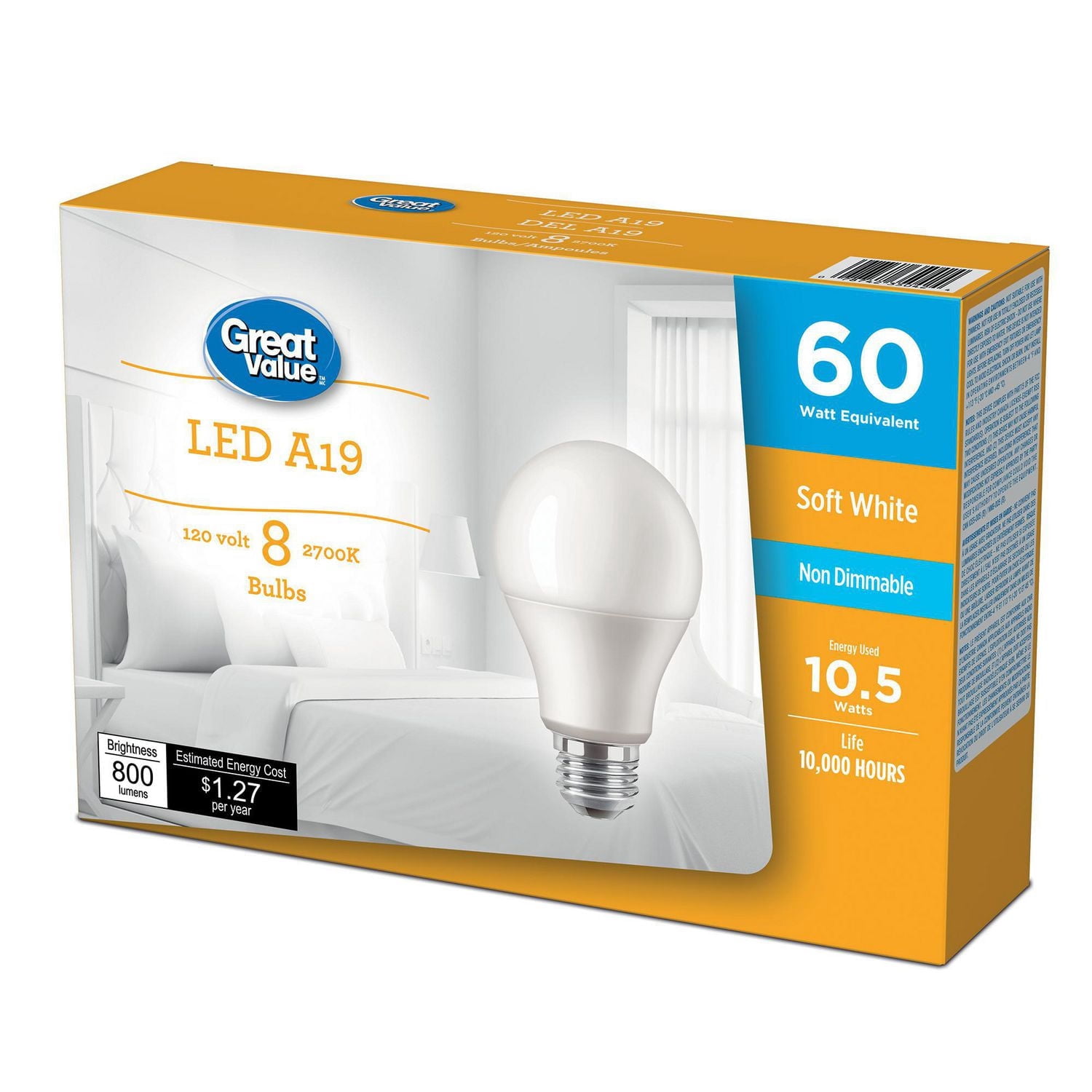 Ampoules DEL Great<br>Value A19 60 W blanc<br>doux, paq. de 8