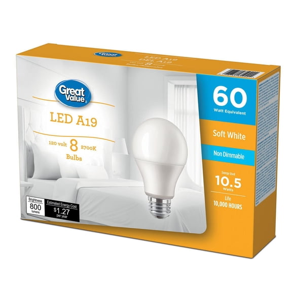 Ampoules DEL Great<br>Value A19 60 W blanc<br>doux, paq. de 8