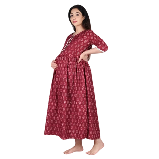 DWEEP SARA Maroon Block Printed Maternity Dress, XXL/44
