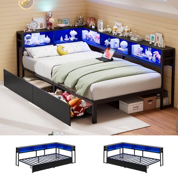 BeesClover Cadre de Lit de Jour Double avec Tablette de Rangement et Tiroirs, Canapé-Lit d'Angle avec Tête de Lit Bibliothèque, Station de Recharge et Lumière DEL, Plateforme en Métal pour Chambre d'Amis, Salon